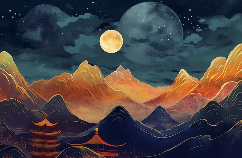 满月蓝色星空夜晚山川古代建筑国风写意插画,插画/手绘图,插画/手绘图库,插画/手绘图下载,插画/手绘